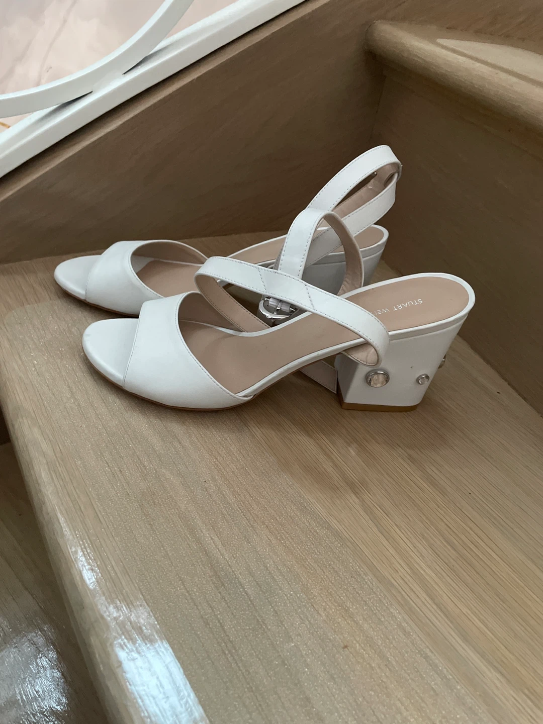 Stuart Weitzman White Leather Block Heel Sandals