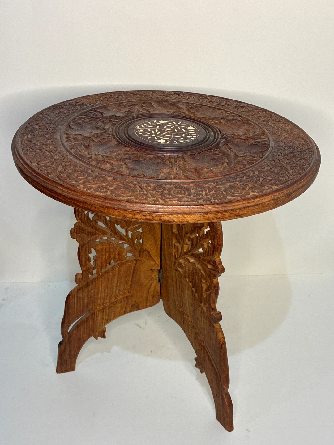 Vintage Carved Wood Folding Side Table