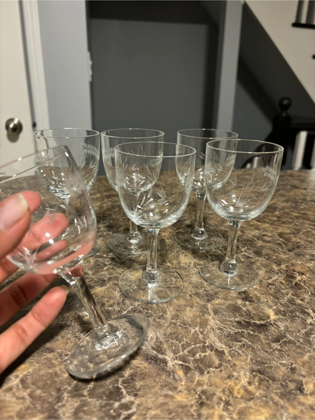 Set of 6 Etched Crystal Cordial Glasses