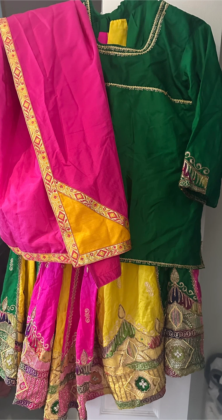 Green and Pink Embroidered Punjabi Suit with Yellow Dupatta