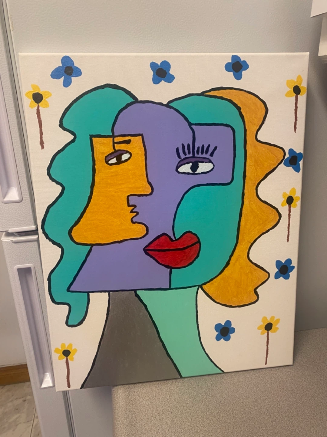 Abstract Face Canvas Painting with Flowers