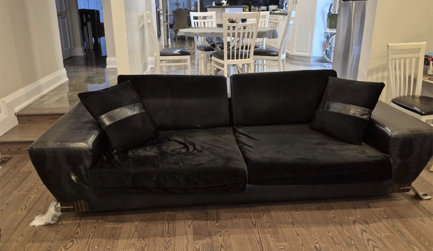 Black Velvet Sectional Sofa with Faux Leather Base