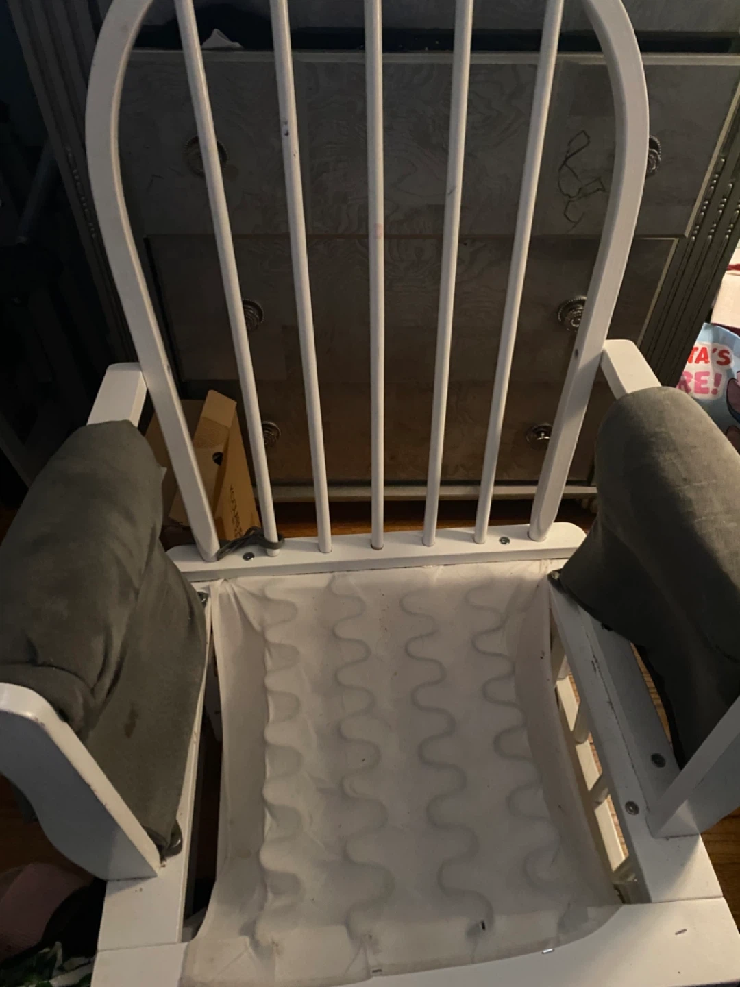 White Rocking Chair with Gray Padded Arms 🥕