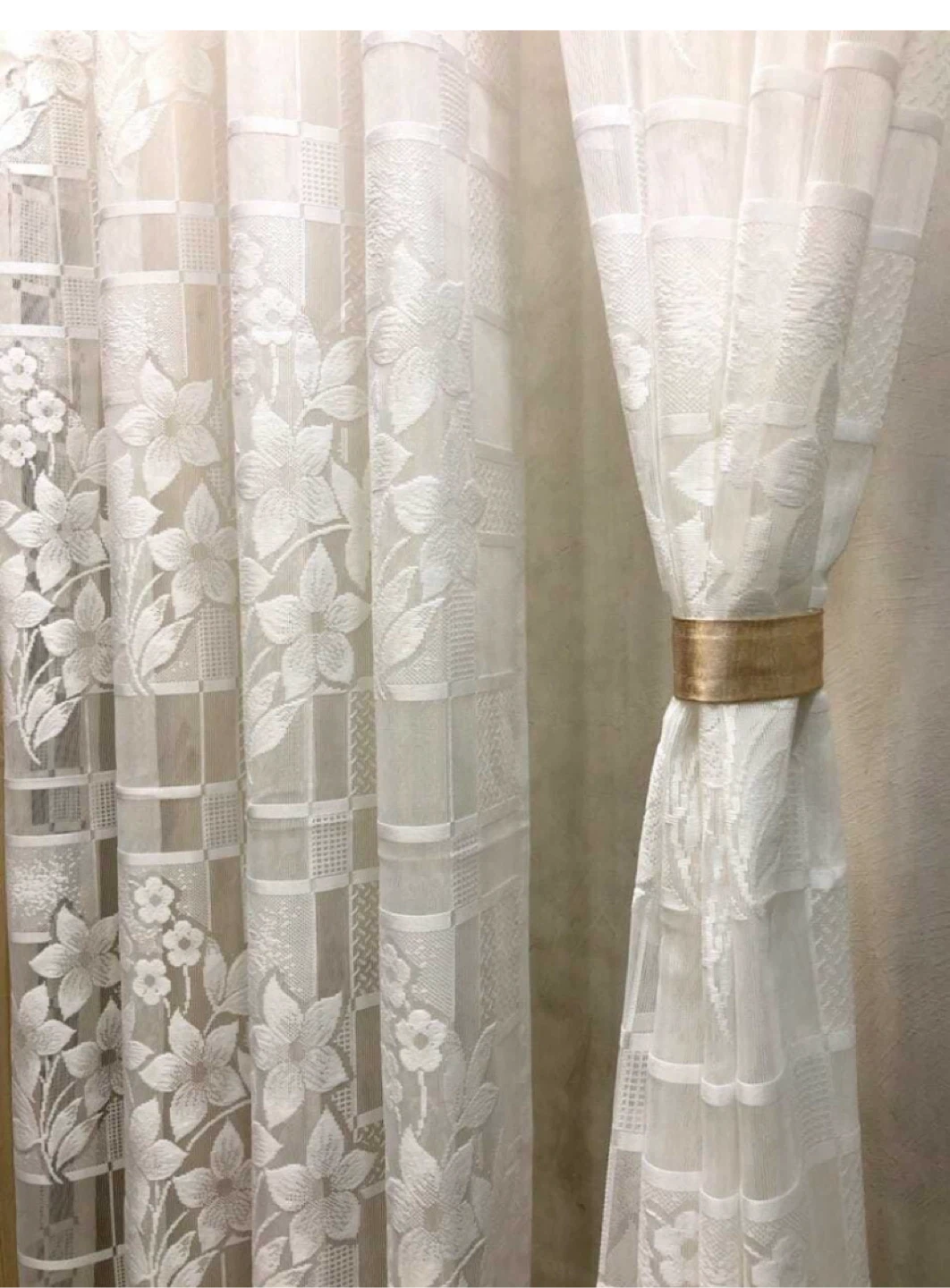 White Sheer Lace Curtains with Floral Pattern