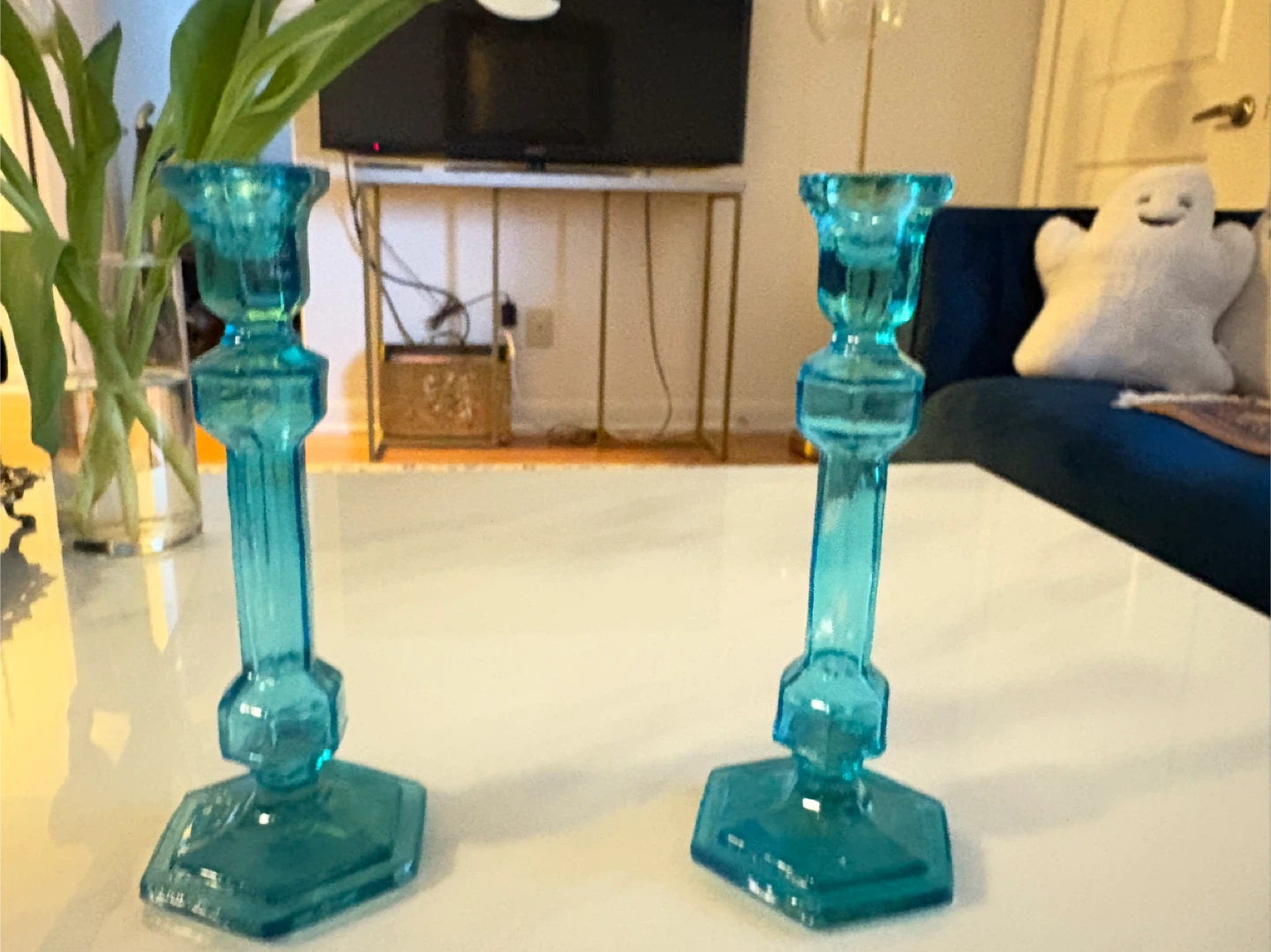 Set of 2 Teal Glass Candlesticks