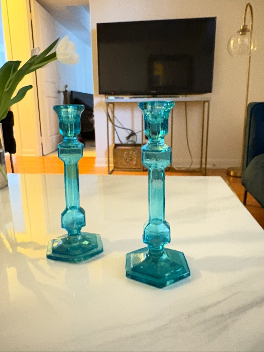 Set of 2 Teal Glass Candlesticks - photo 4