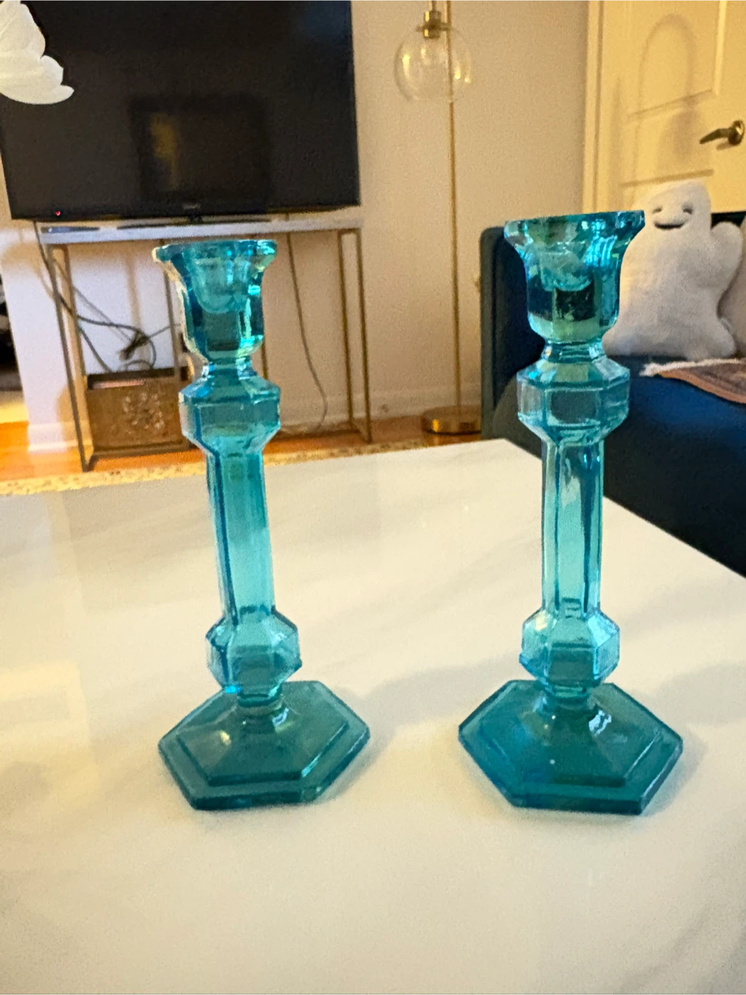 Set of 2 Teal Glass Candlesticks - photo 3