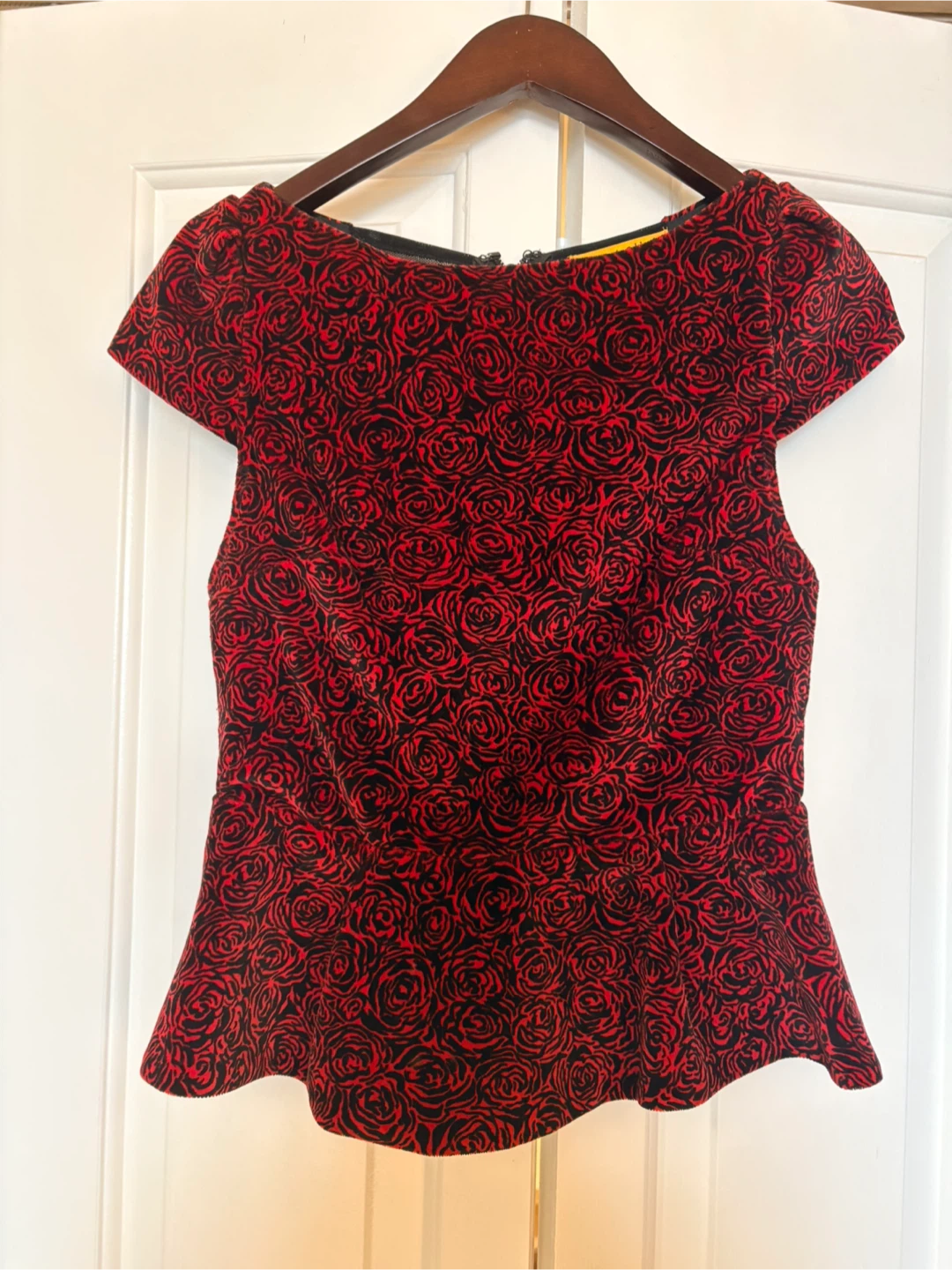 Alice + Olivia Red Rose Print Velvet Top