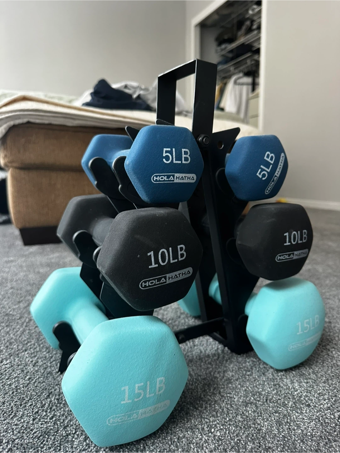 HOLA HATHA Dumbbell Set with Rack (5lb, 10lb, 15lb pairs)