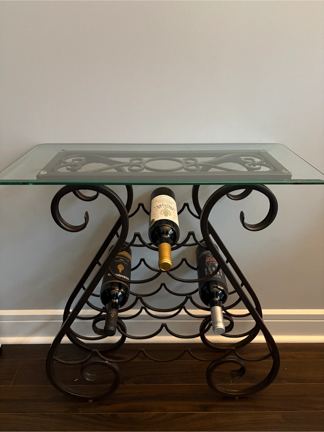 🍷 Metal Wine Rack Table with Glass Top – Holds 15 Bottles