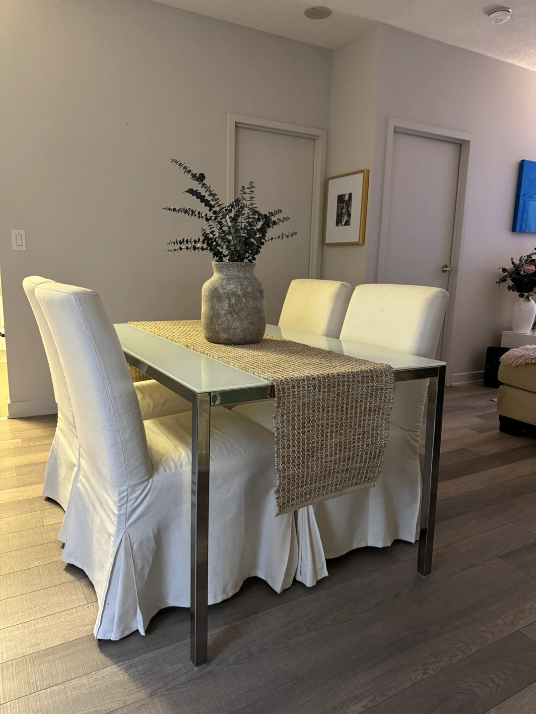 Modern Glass Top Dining Table with Metal Frame