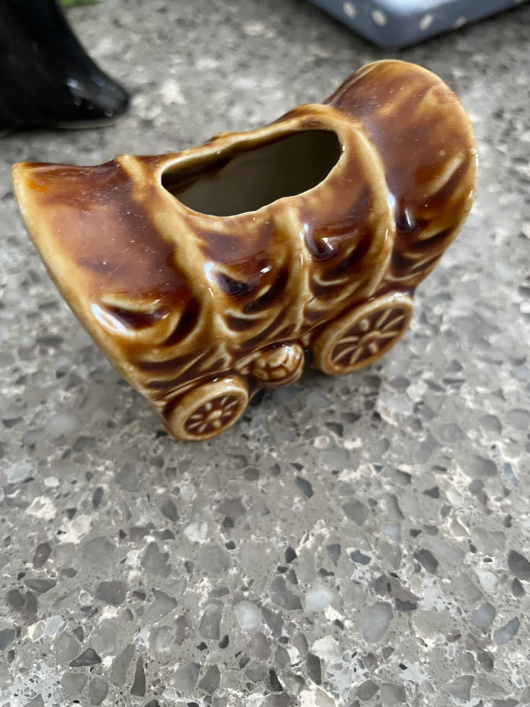 Brown Ceramic Covered Wagon Toothpick Holder