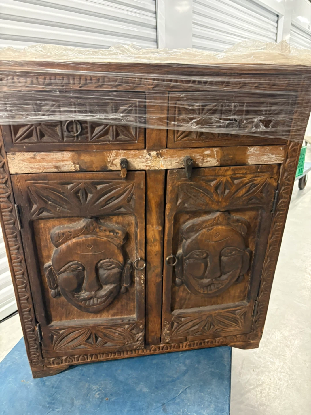 Beautiful Carved Wood Cabinet with Face Motifs