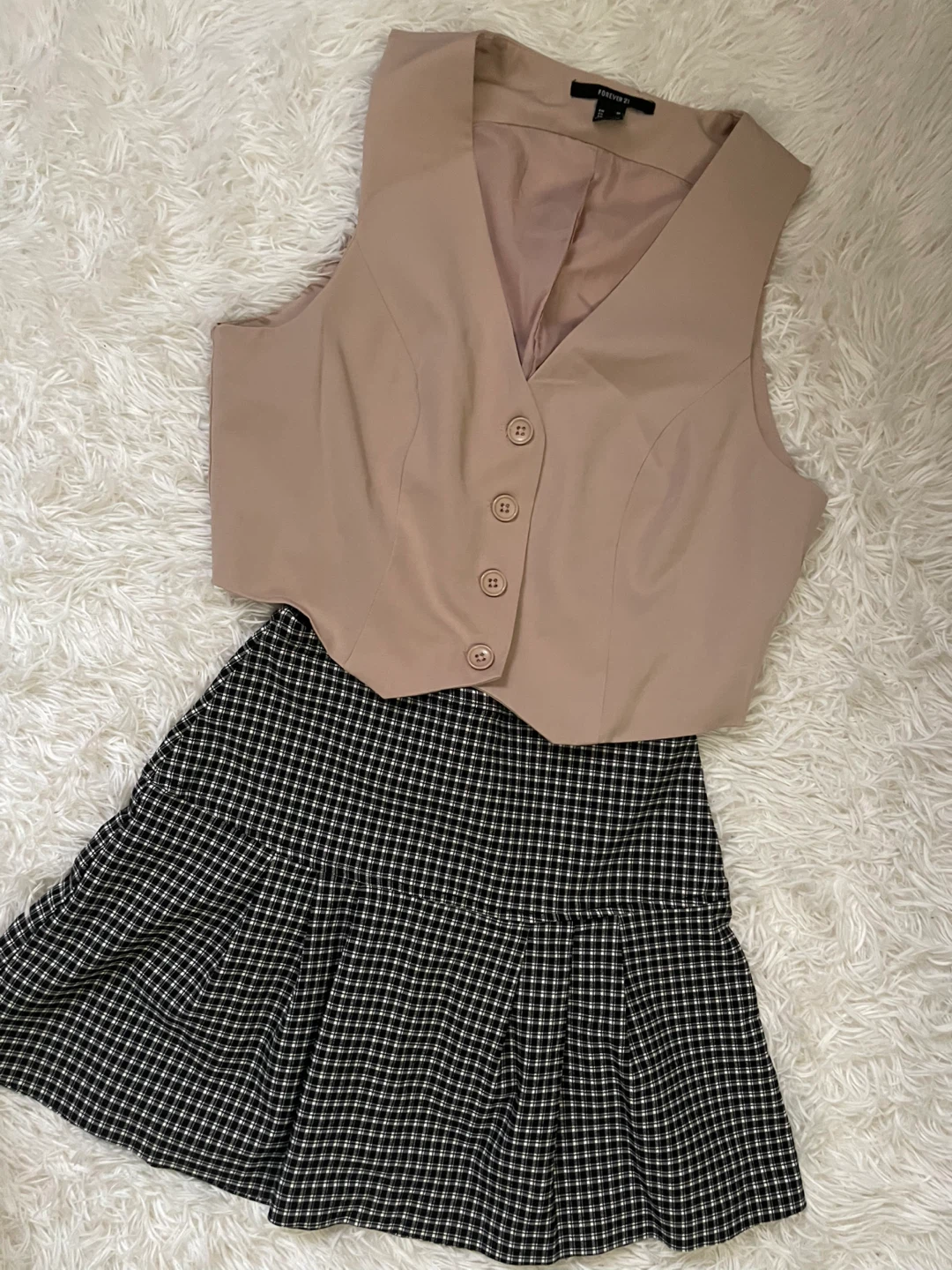 Forever 21 tan vest and plaid skirt set
