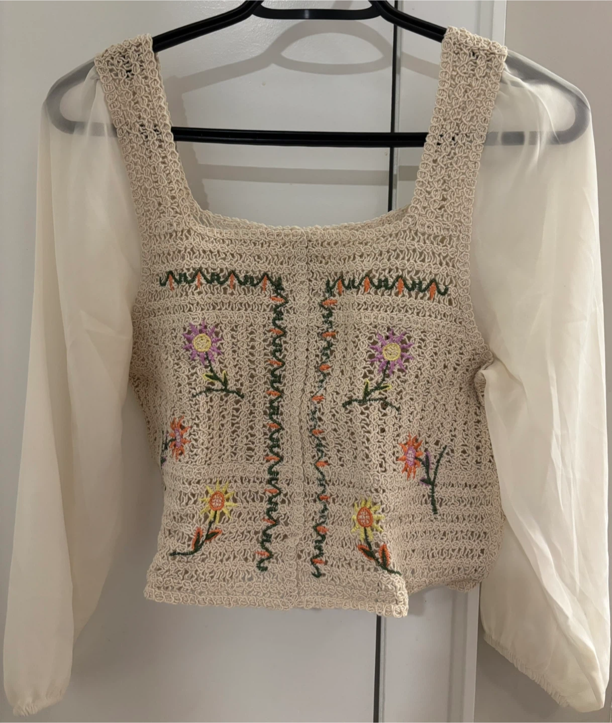 Women Top - Crocheted Square Neck Top with Sheer Sleeves