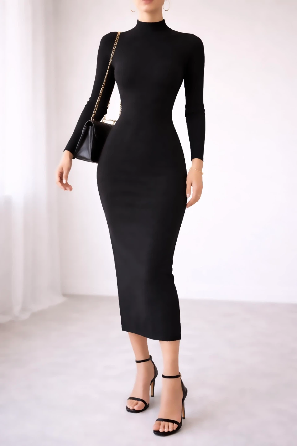 Black Long Sleeve Mock Neck Midi Dress