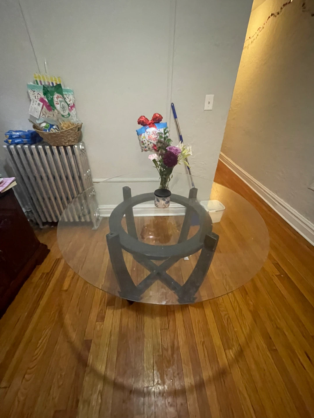 Round Glass Top Dining Table with Dark Wood Pedestal Base - photo 2