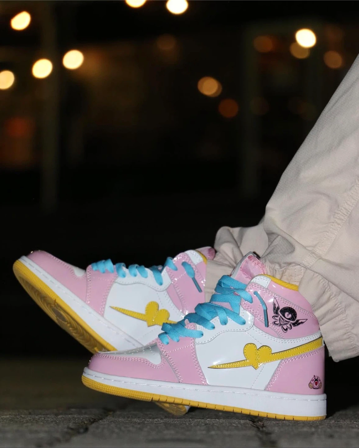 Pink and White High-Top Sneakers with Yellow Heart - photo 2