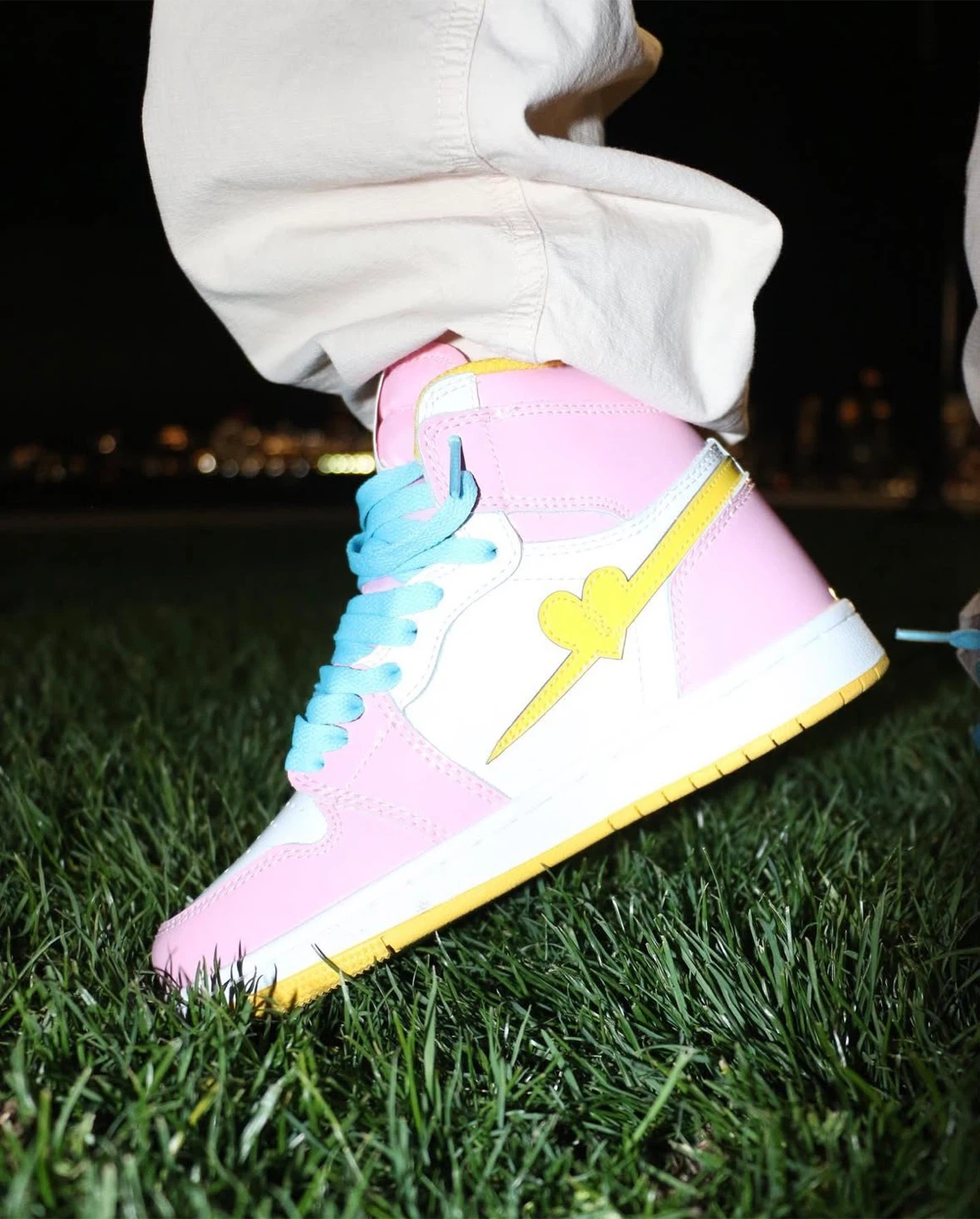 Pink and White High-Top Sneakers with Yellow Heart