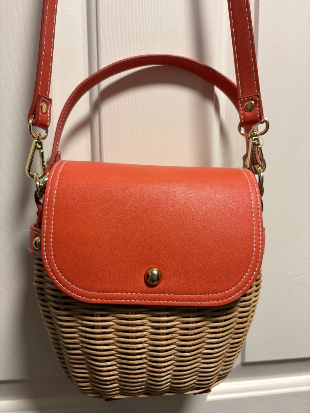 Woven Rattan Crossbody Bag with Orange Faux Leather Lid