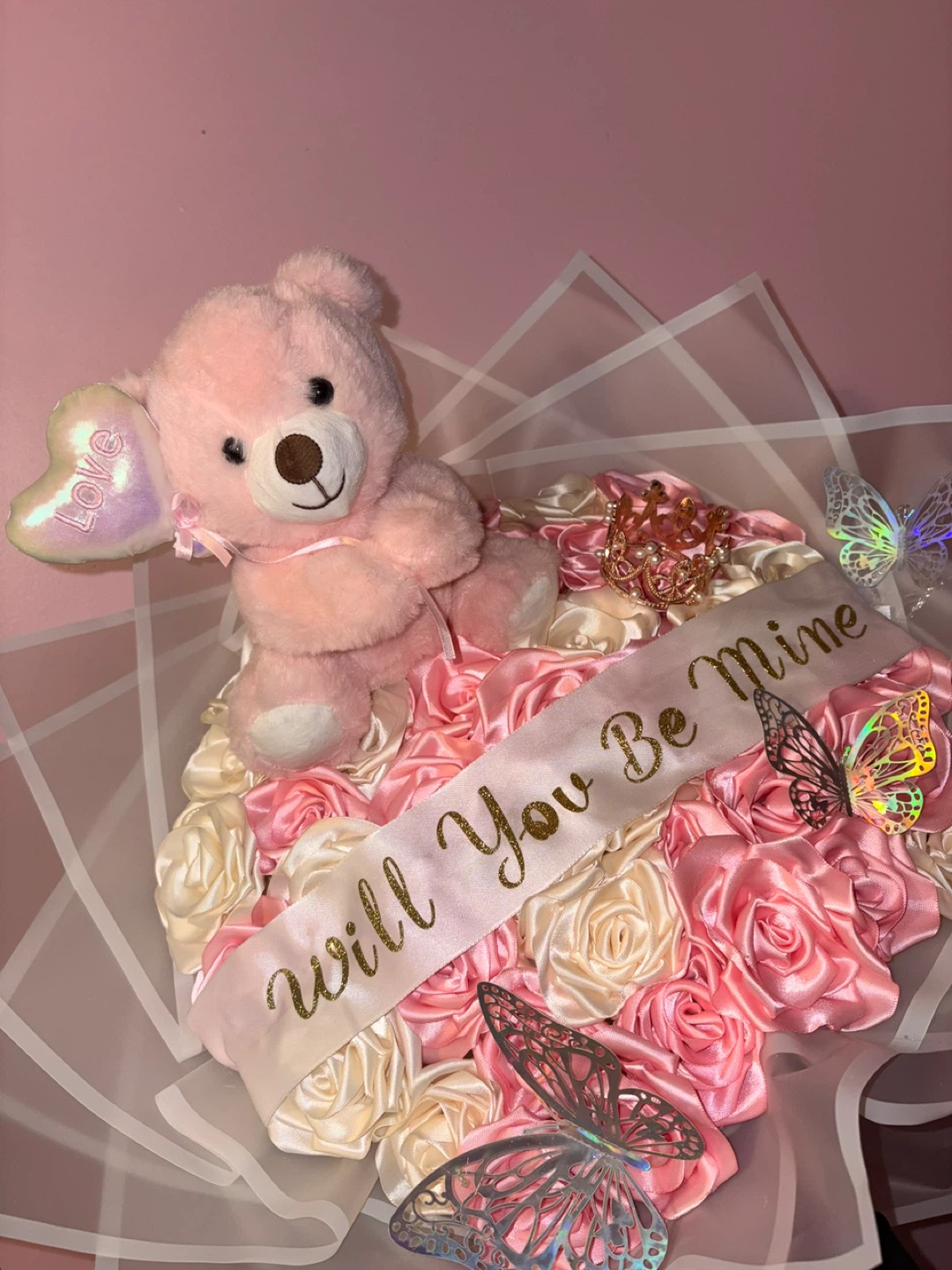 Pink Teddy Bear "Will You Be Mine" Rose Bouquet
