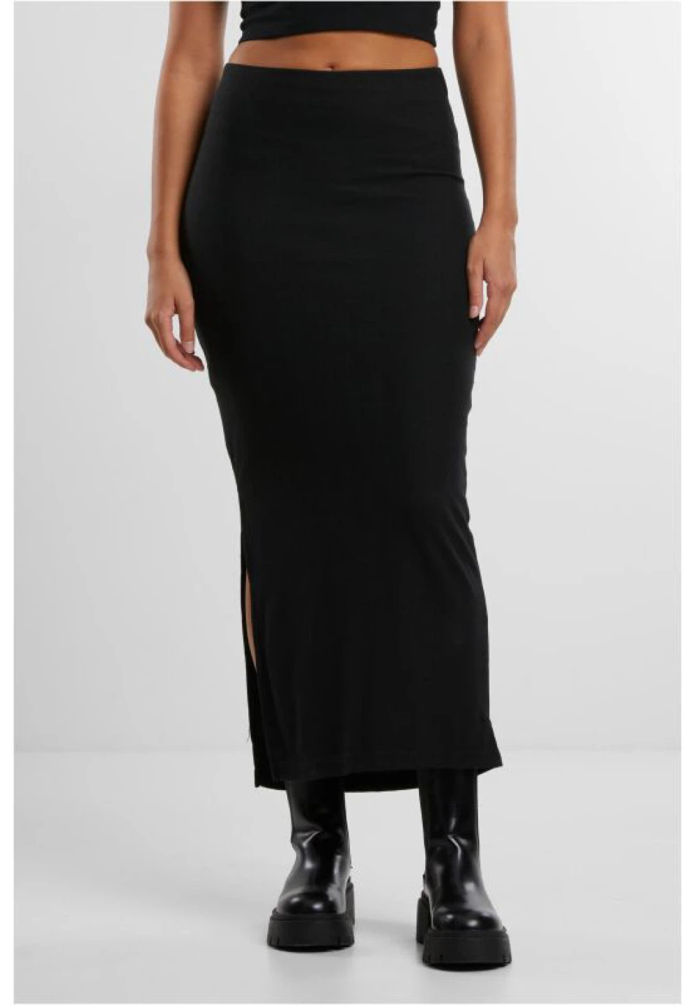 Black Ribbed Midi Skirt with Side Slits