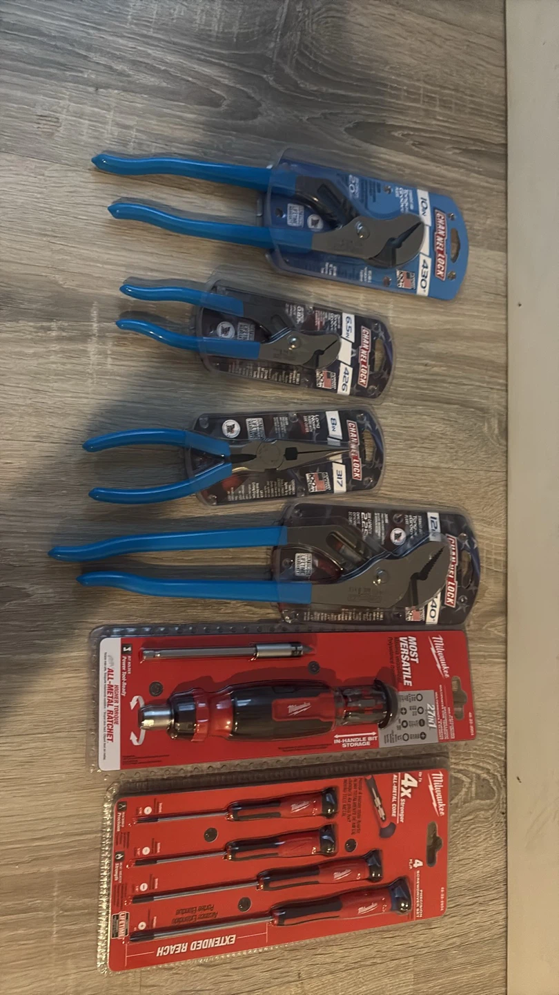 Assorted Milwaukee and Channel Lock Pliers and Tools