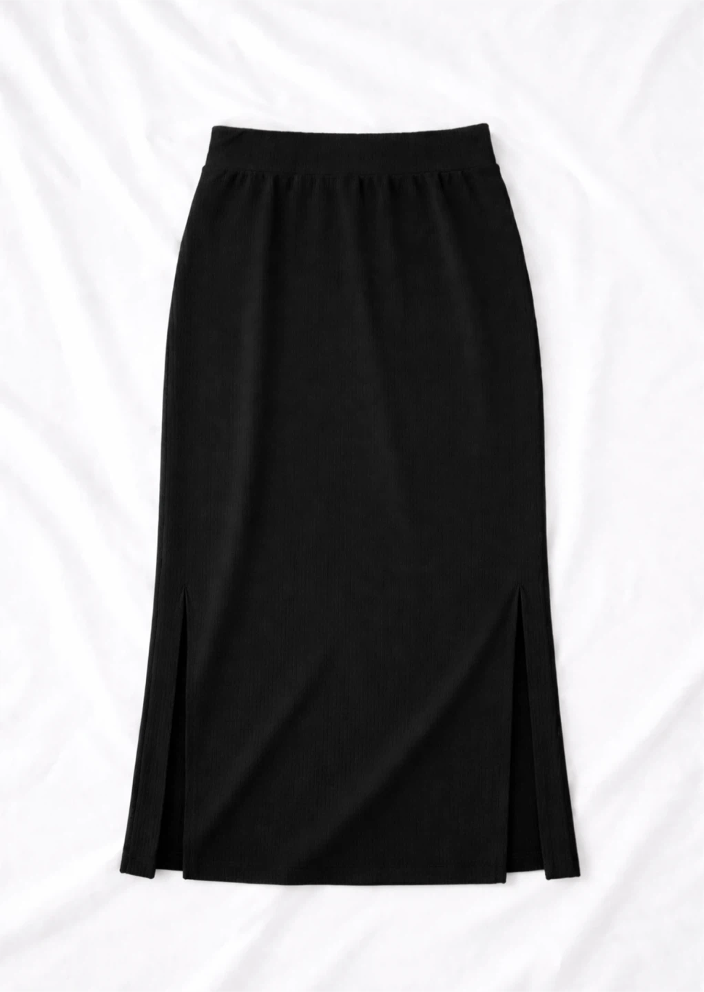 Black Ribbed Midi Skirt with Side Slits - photo 2