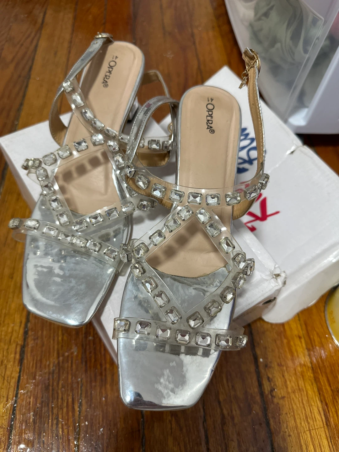 Silver Opera Embellished Block Heel Sandals - Size 41