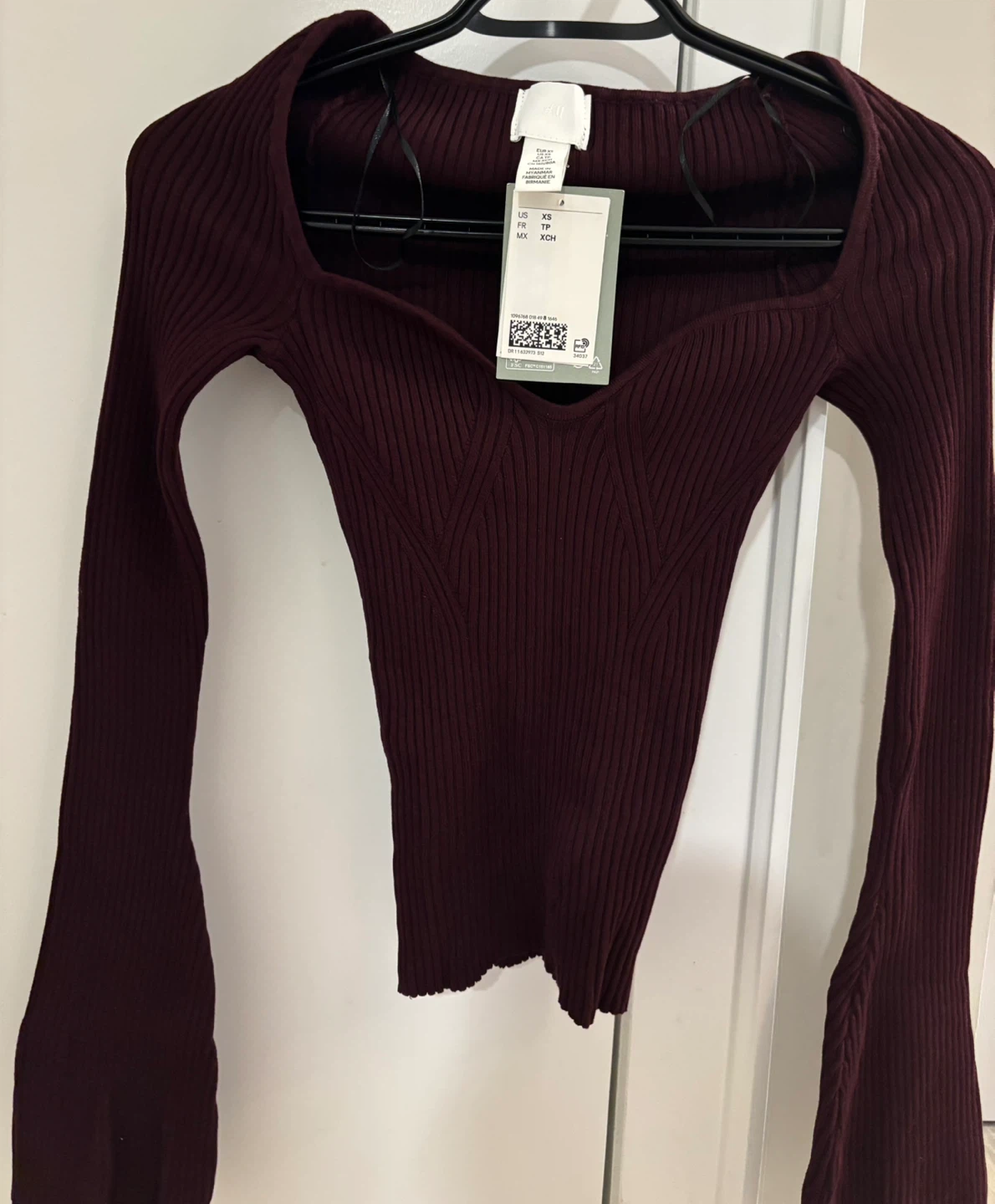 Women Top - H&M Ribbed Knit Square Neck Top - Burgundy - XS