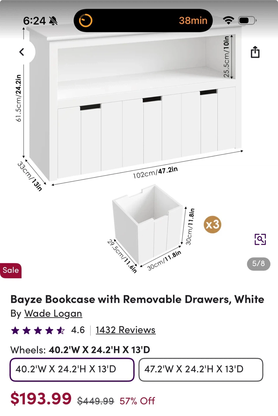 Bayze Bookcase with Removable Drawers, White