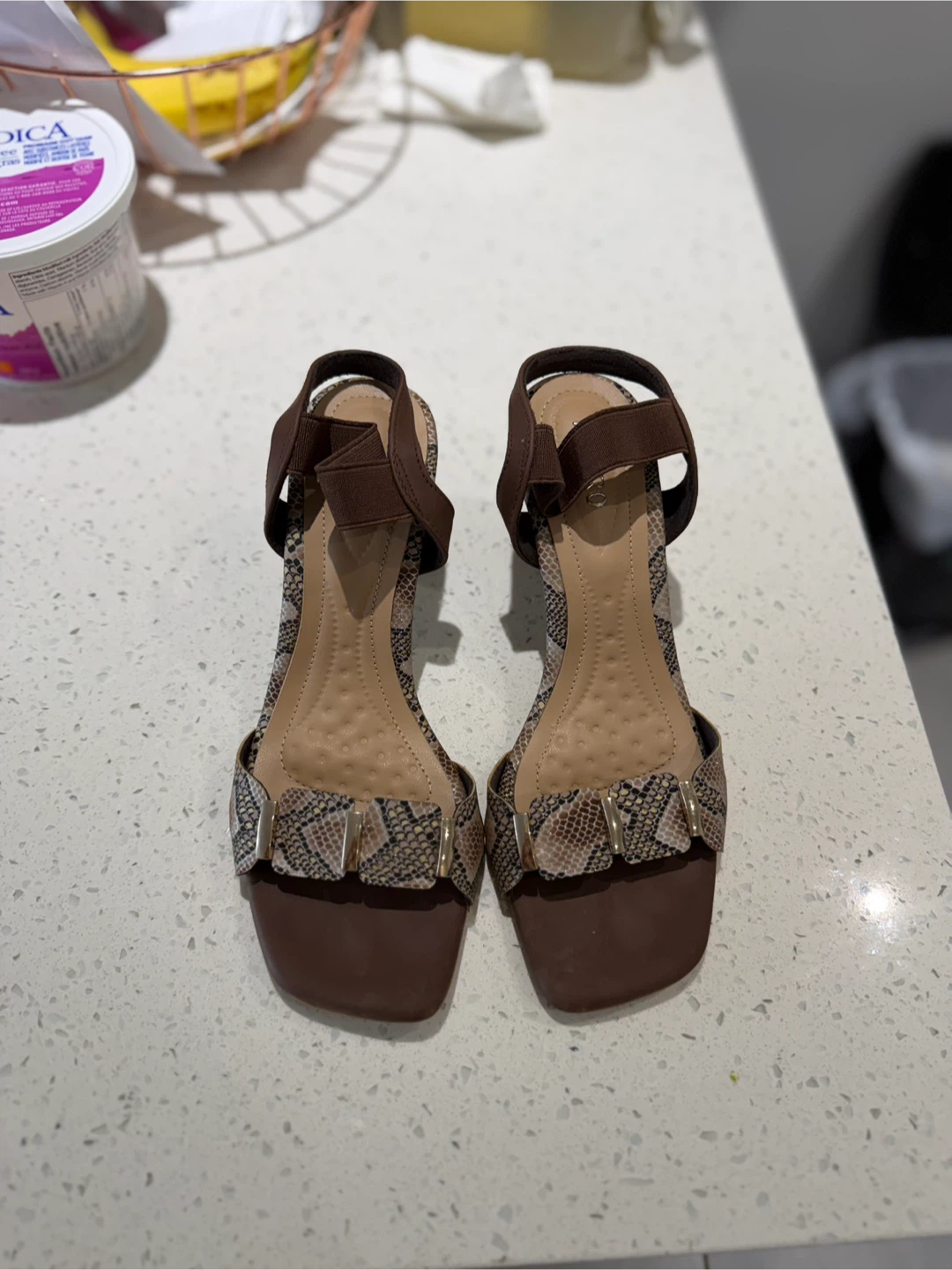 Brown Snake Print Block Heel Sandals