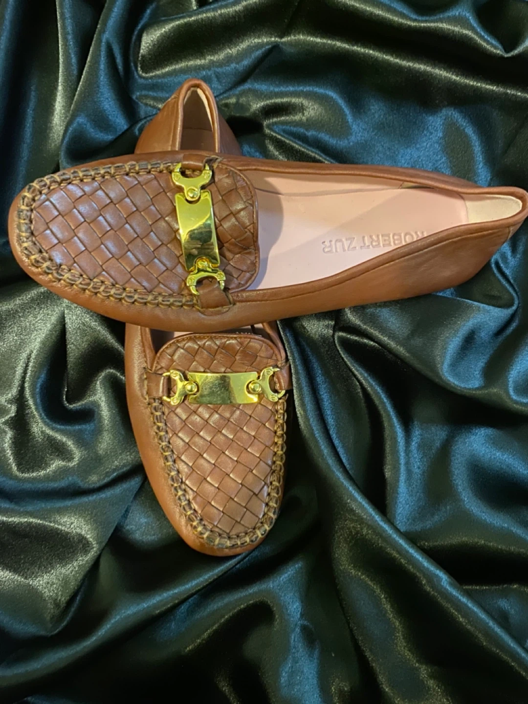 Robert Zur Brown Leather Woven Loafers with Gold Buckle