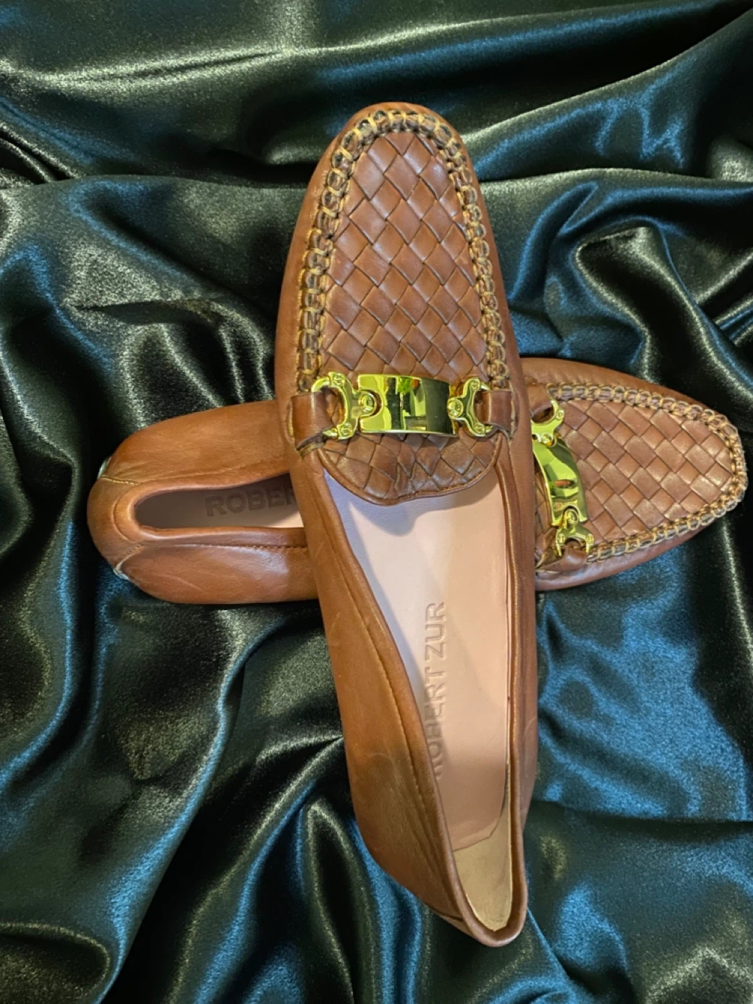 Robert Zur Brown Leather Woven Loafers with Gold Buckle - photo 2