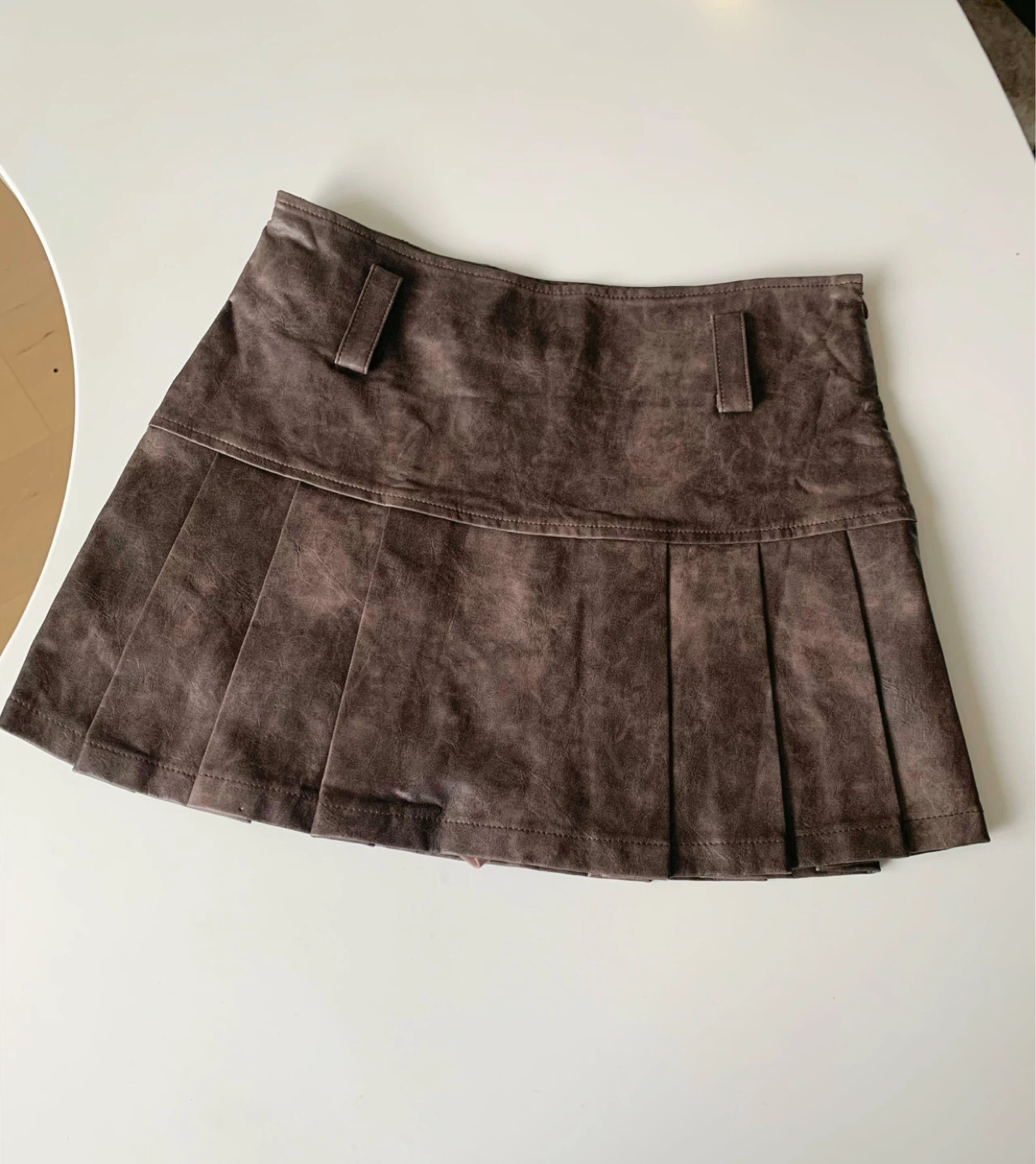 Brown Faux Leather Pleated Skirt w Shorts M