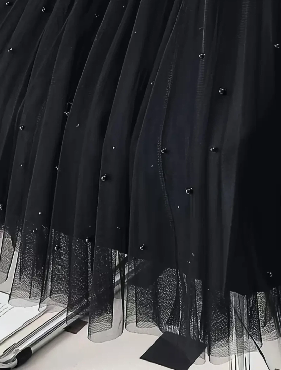 Black Pleated Tulle Skirt with Pearls - photo 3