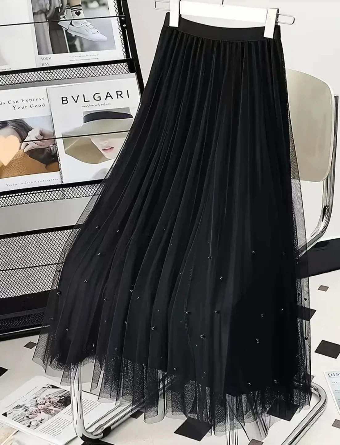 Black Pleated Tulle Skirt with Pearls