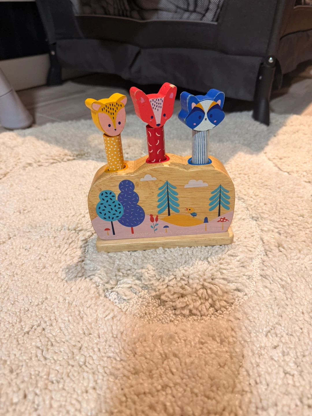 Wooden Pop-Up Toy with Fox, Raccoon, and Deer