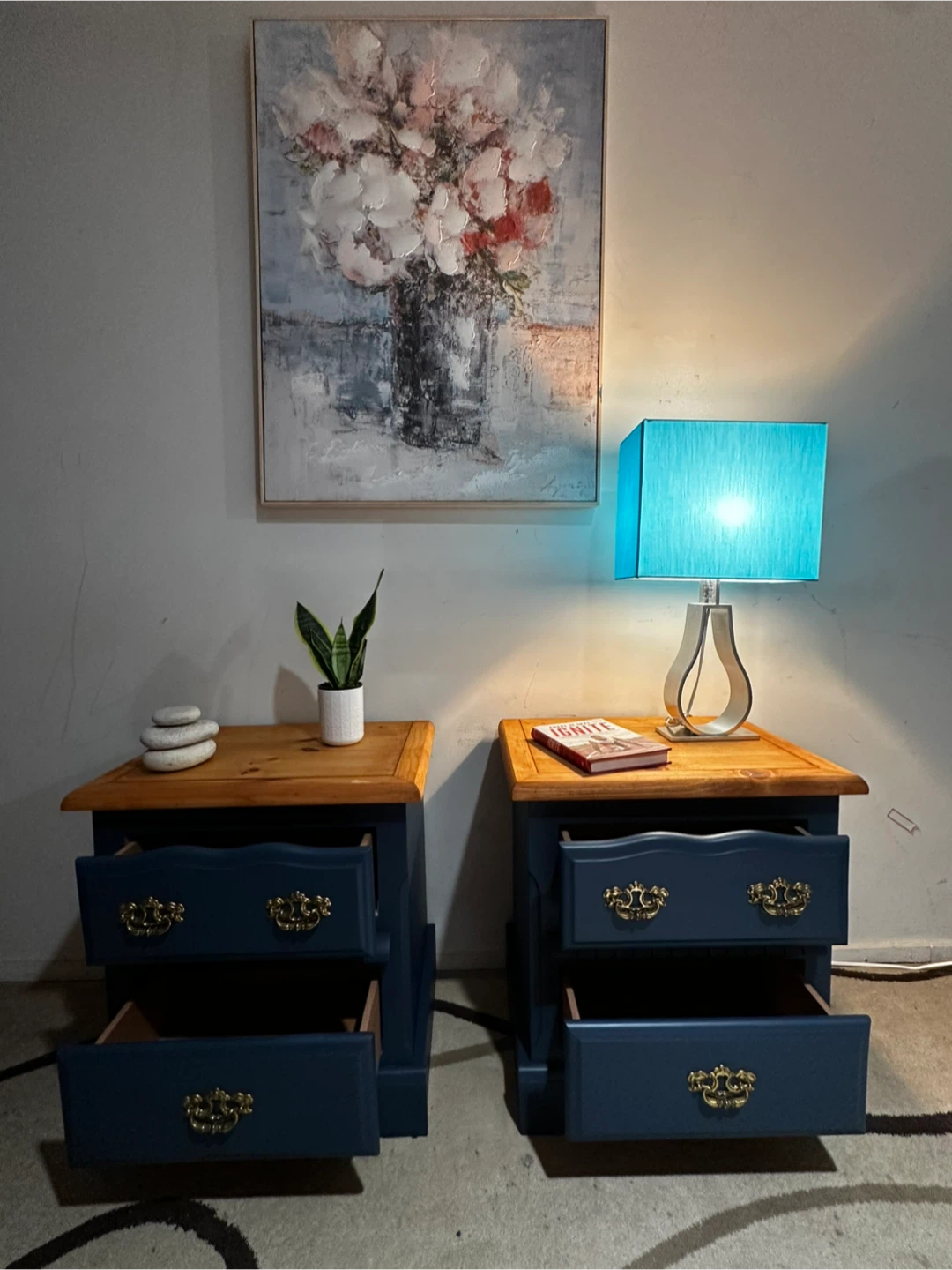 Pair of  Blue Nightstands with walnut Wood Tops - photo 4