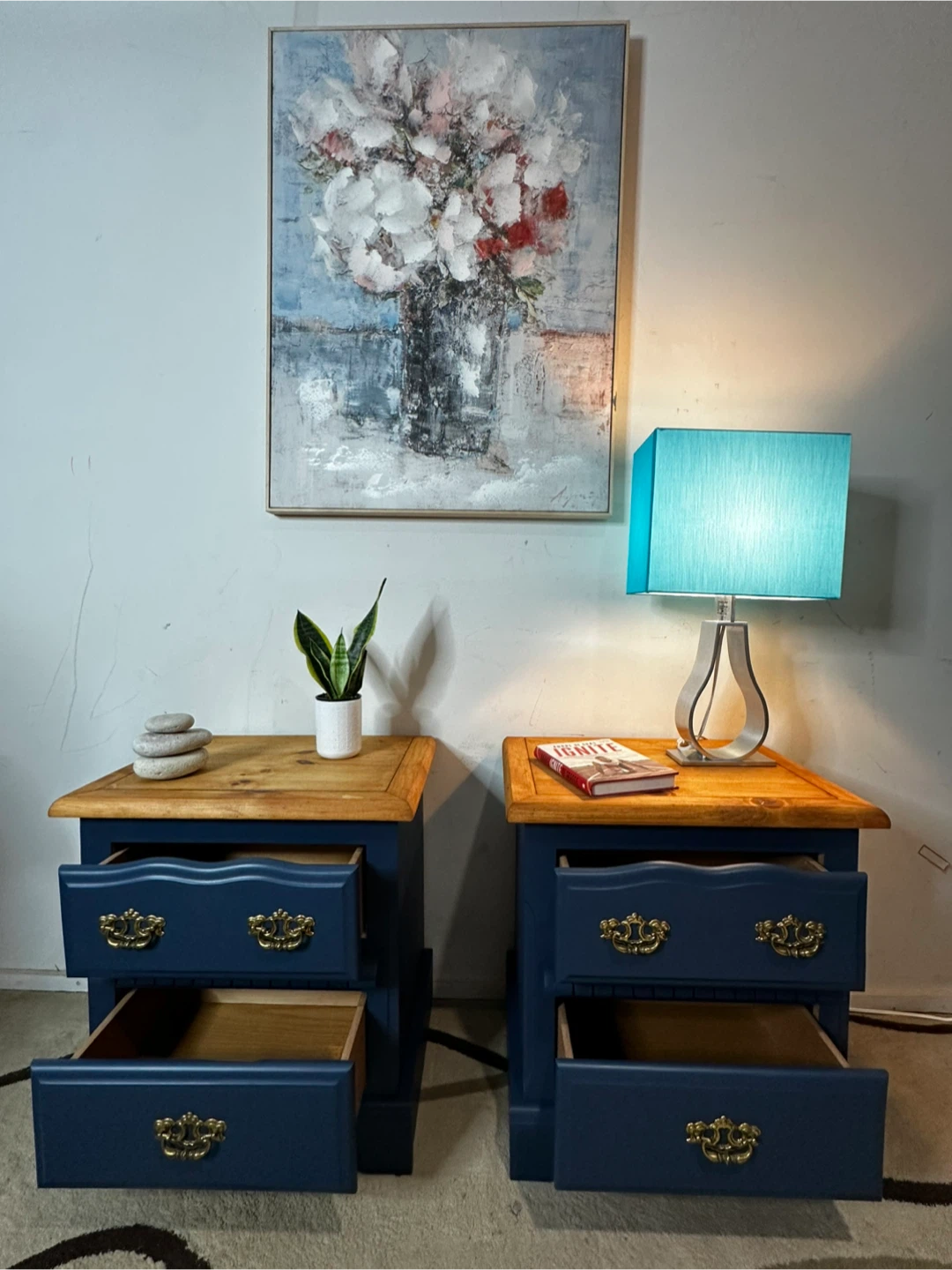 Pair of  Blue Nightstands with walnut Wood Tops - photo 3