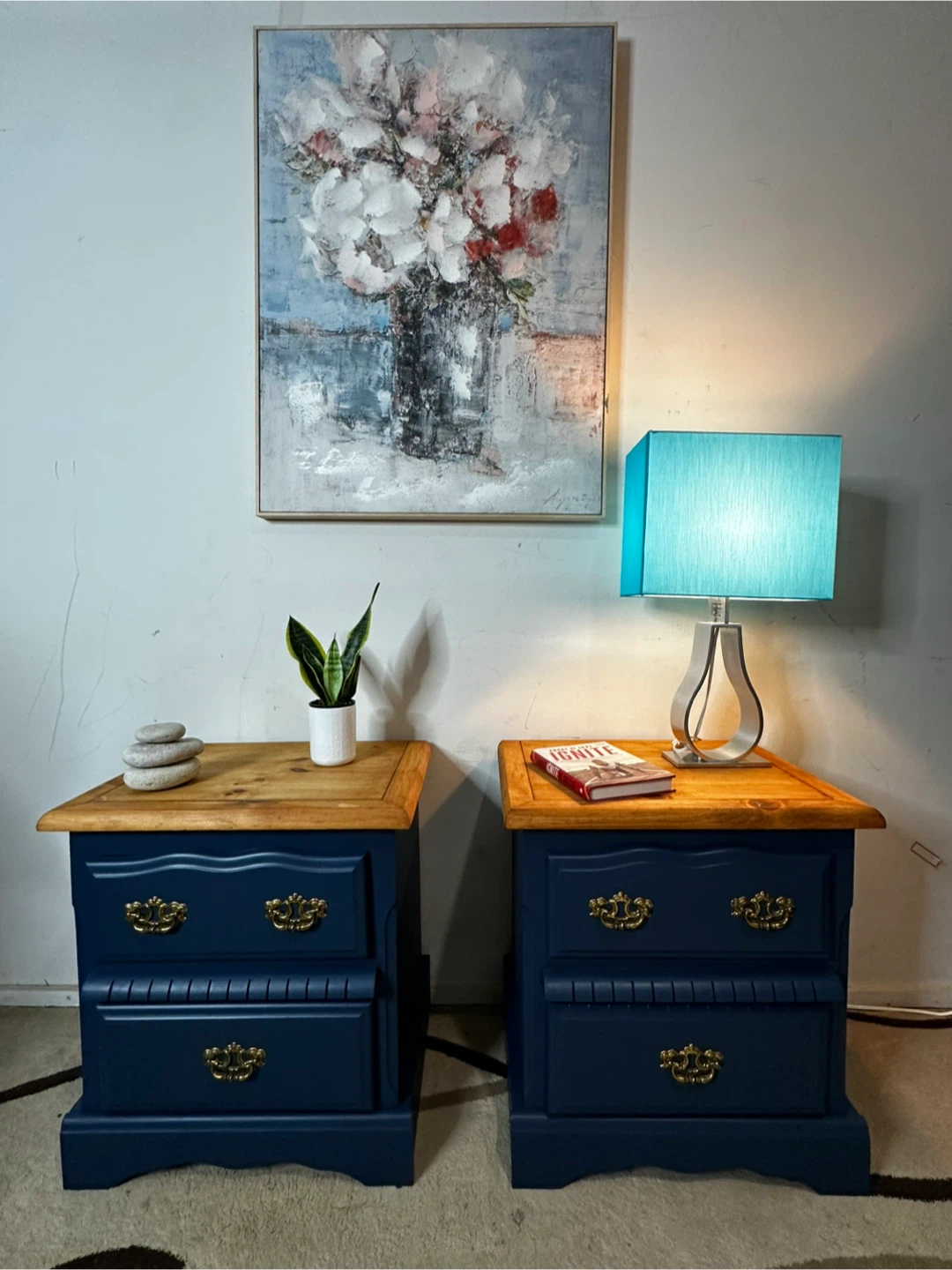 Pair of  Blue Nightstands with walnut Wood Tops