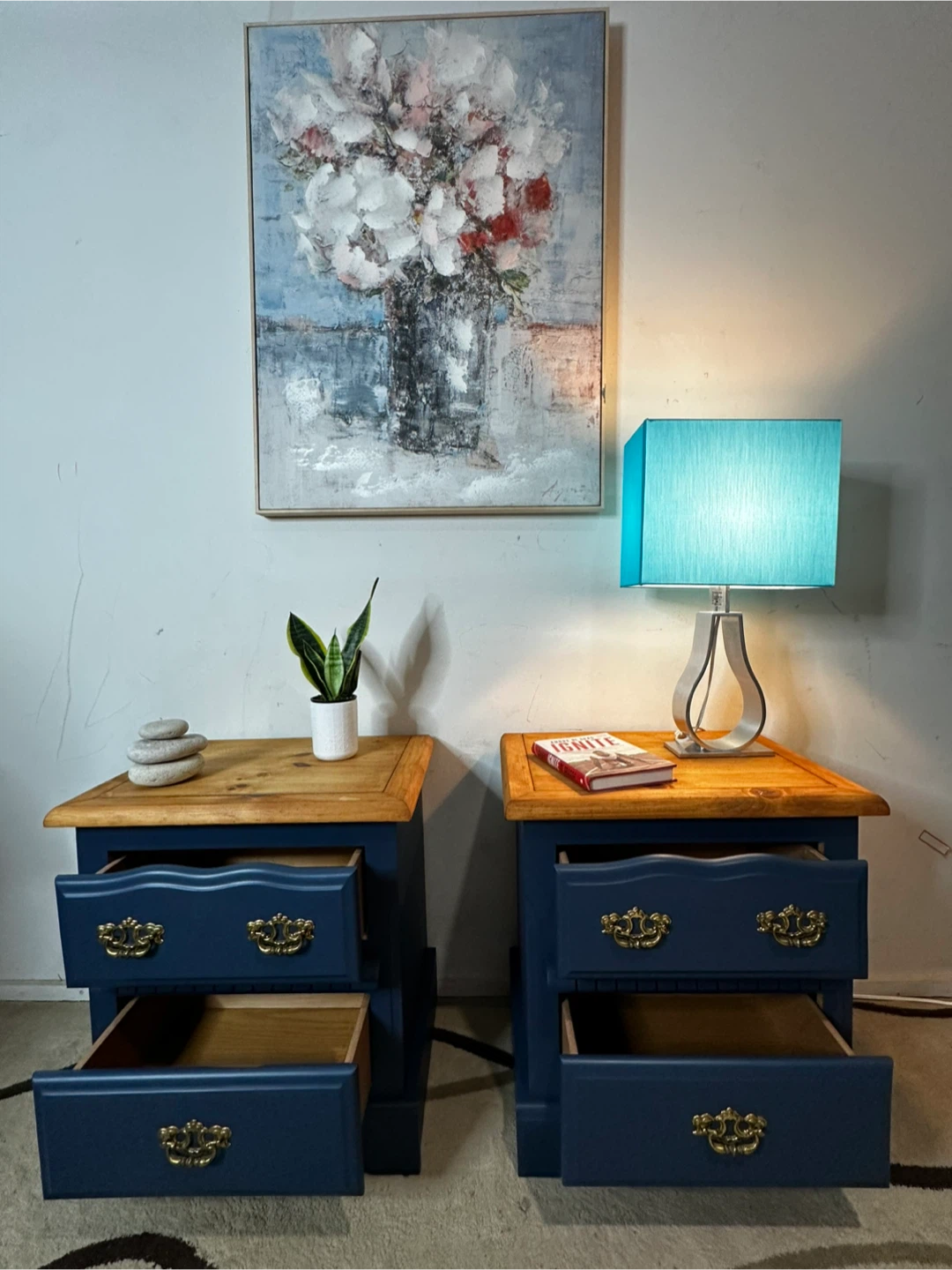 Pair of  Blue Nightstands with walnut Wood Tops - photo 2