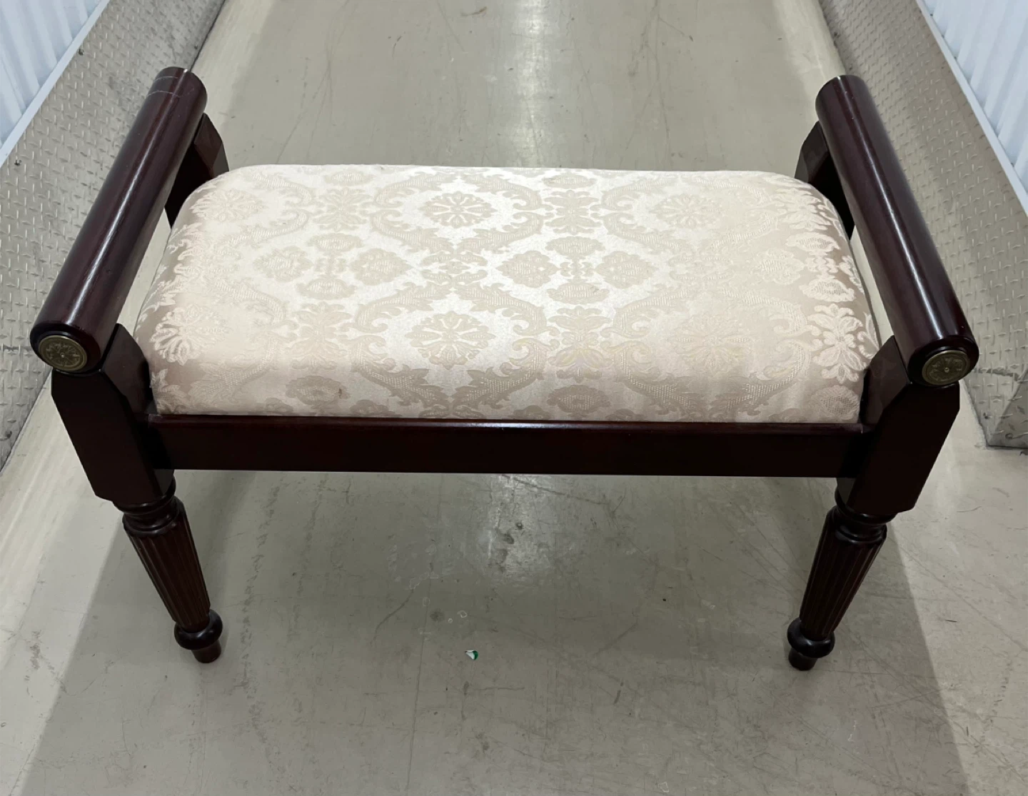 Dark Wood Bench with Beige Damask Upholstery