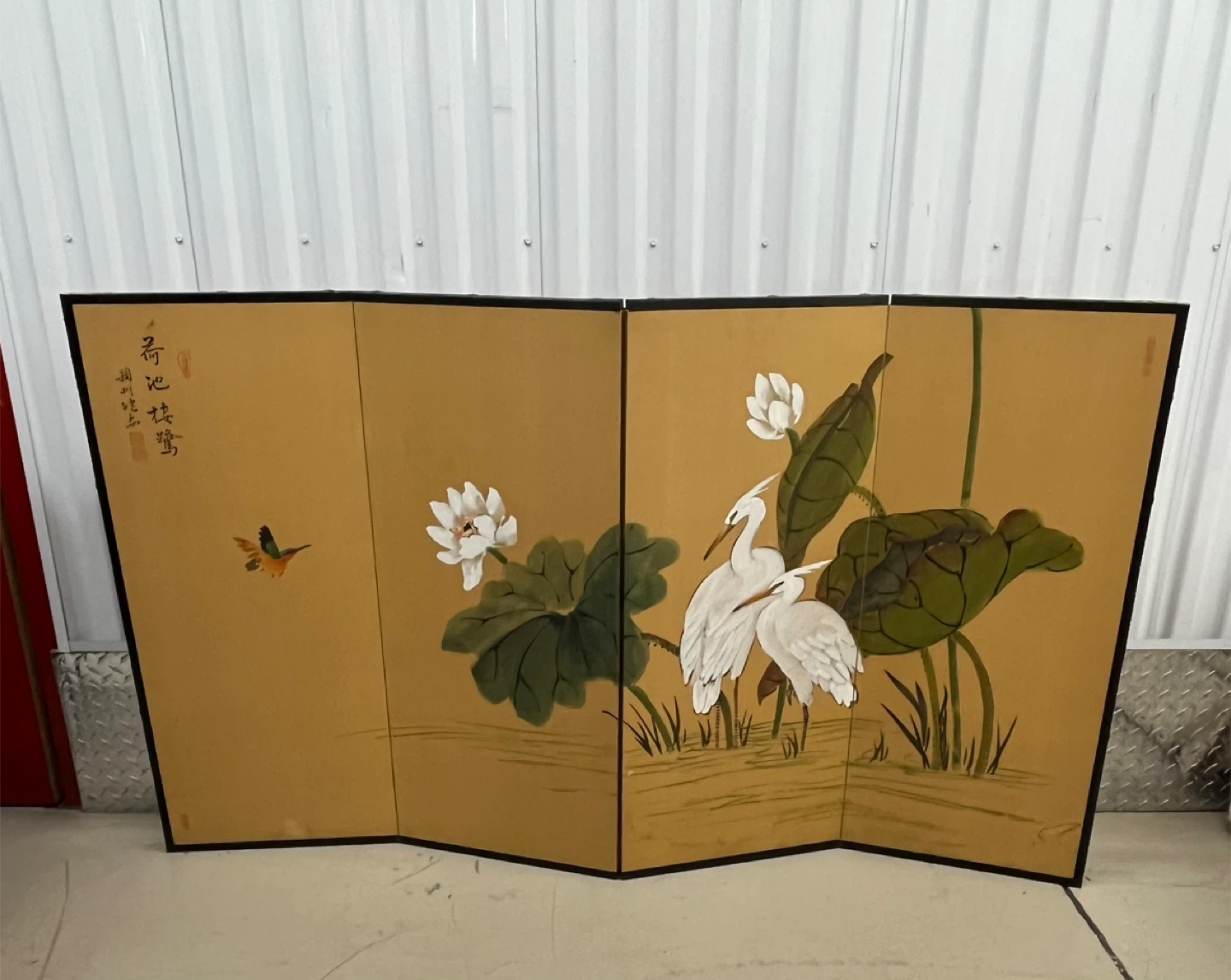 Decorative Four-Panel Screen with Cranes and Lotuses