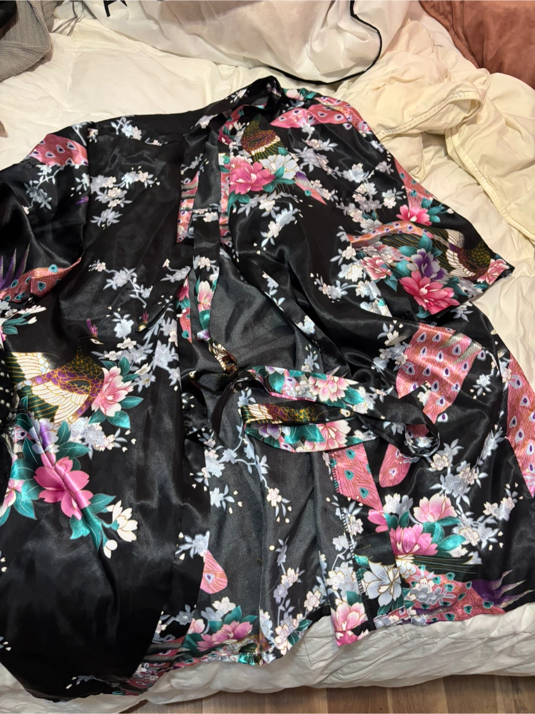 Black Peacock Floral Kimono Robe