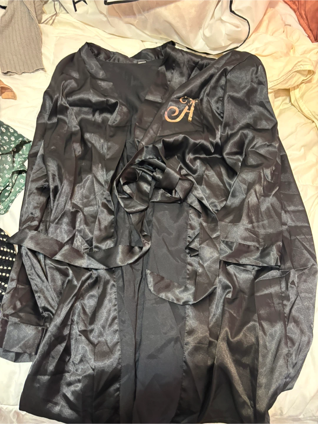Black Satin Robe with Monogram 'A'