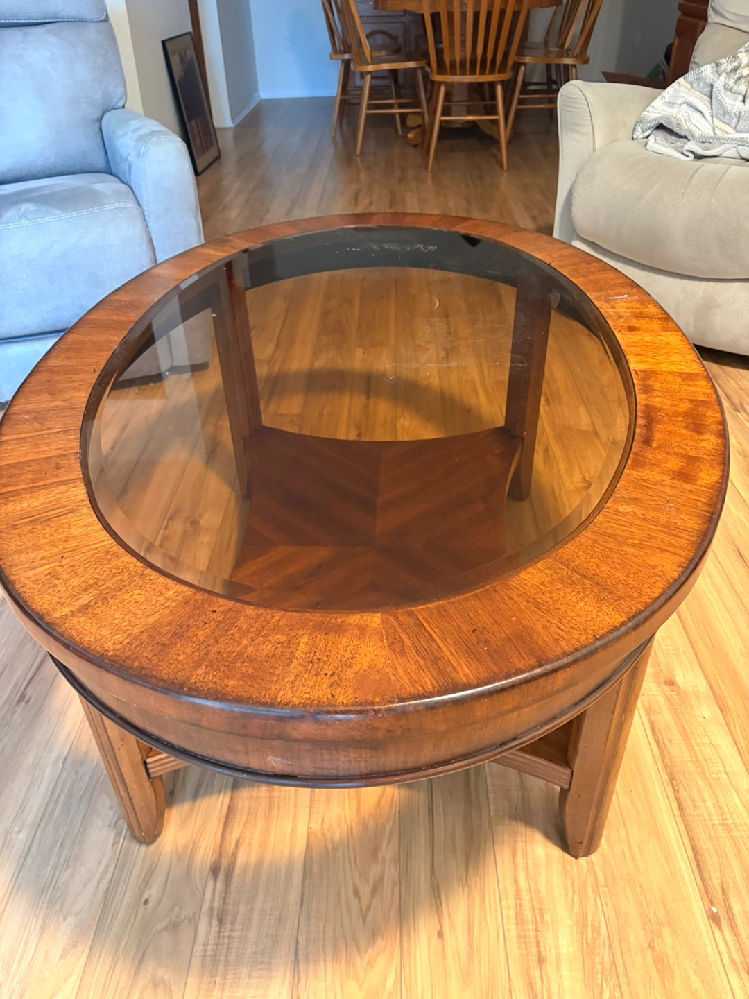 Round Wood Coffee Table with Glass Top