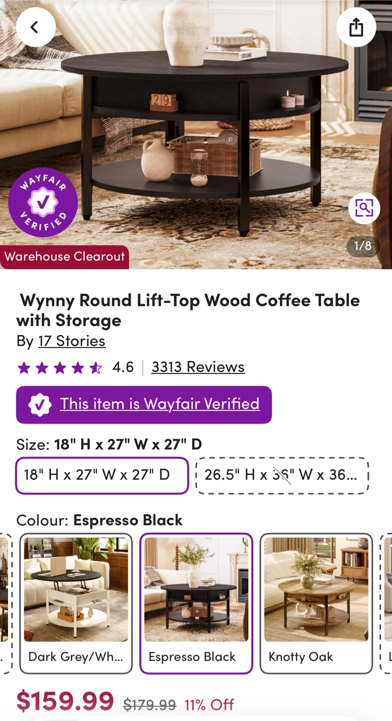 Wynny Round Lift-Top Coffee Table with Storage - Espresso Black
