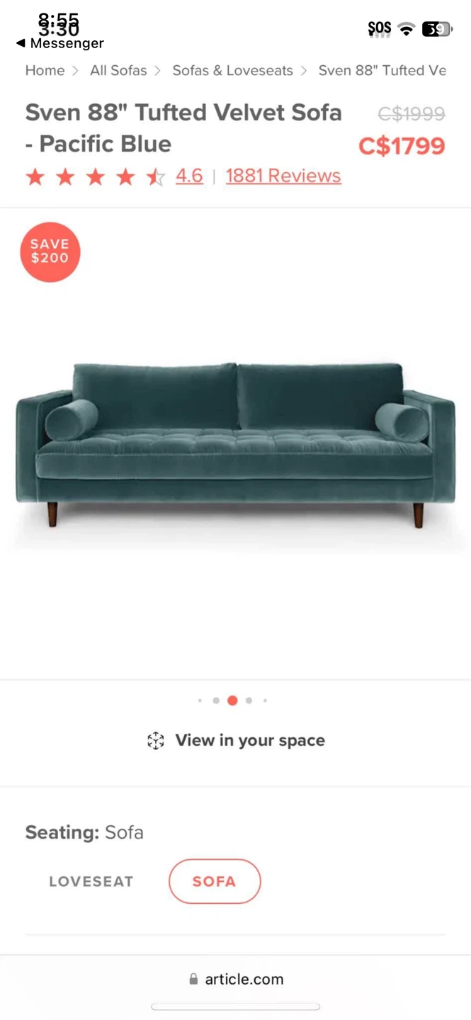 Article Sven 88" Tufted Velvet Sofa - Pacific Blue
