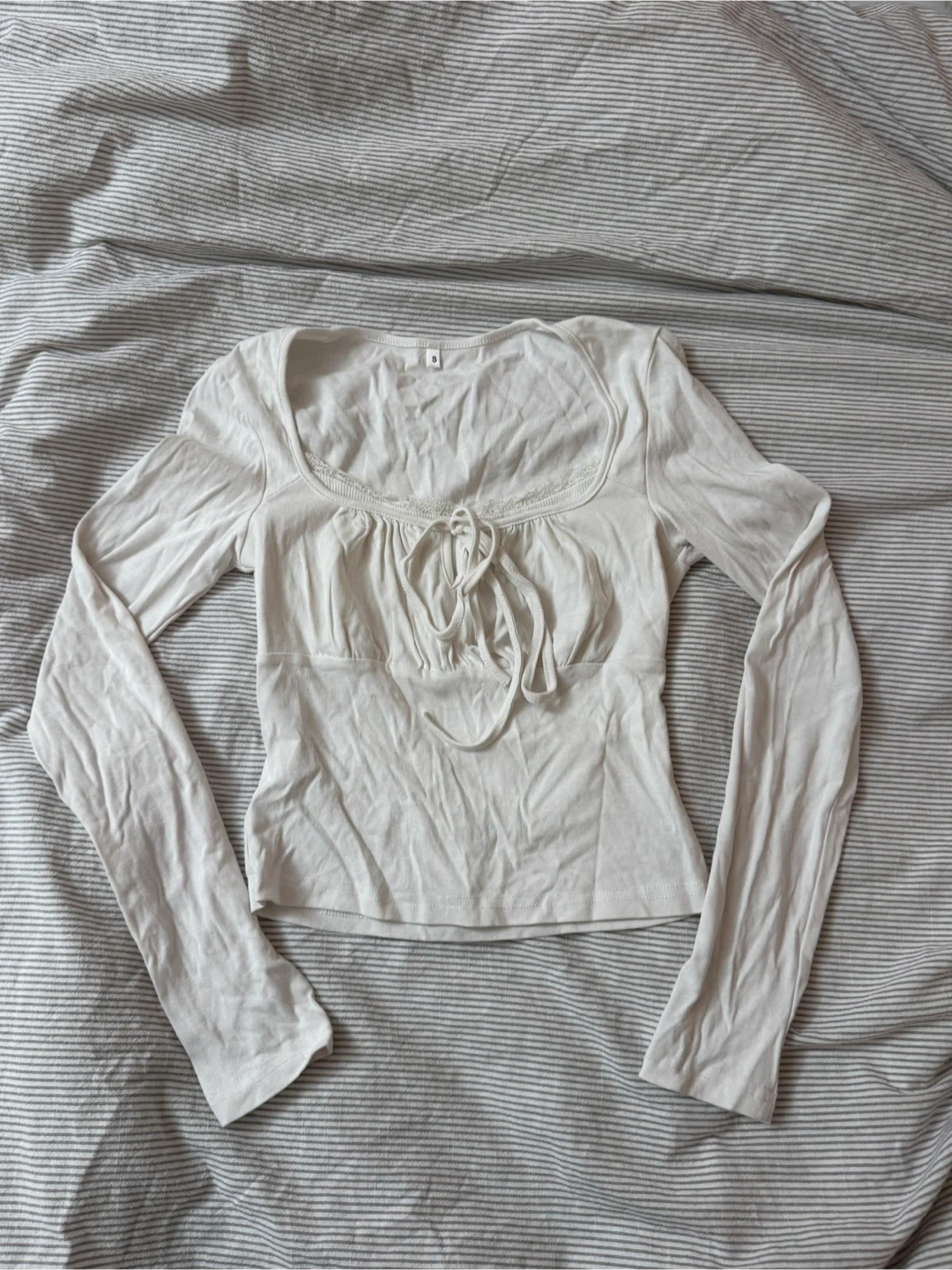 White Square Neck Long Sleeve Top with Tie Detail